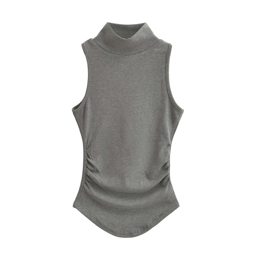 Hot Girl Half High Collar Curved Hem Tank Women Summer Inner Wear Ruched Tight Sleeveless Base Shirt Top B5