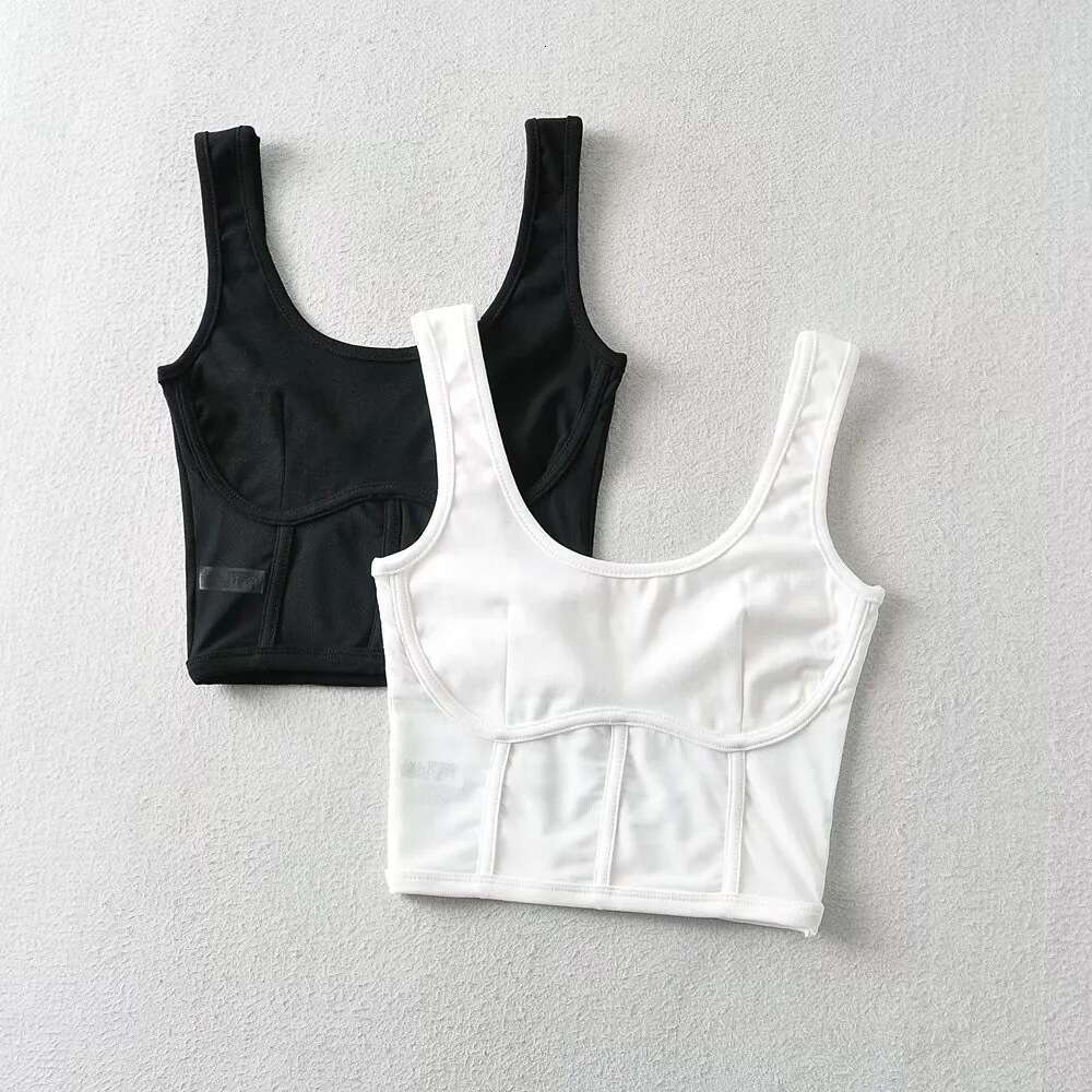 Spring Summer U-Neck Fishbone Label Mesh Patchwork For Women Stretch Slim Fit Backless Base Tank Top B5