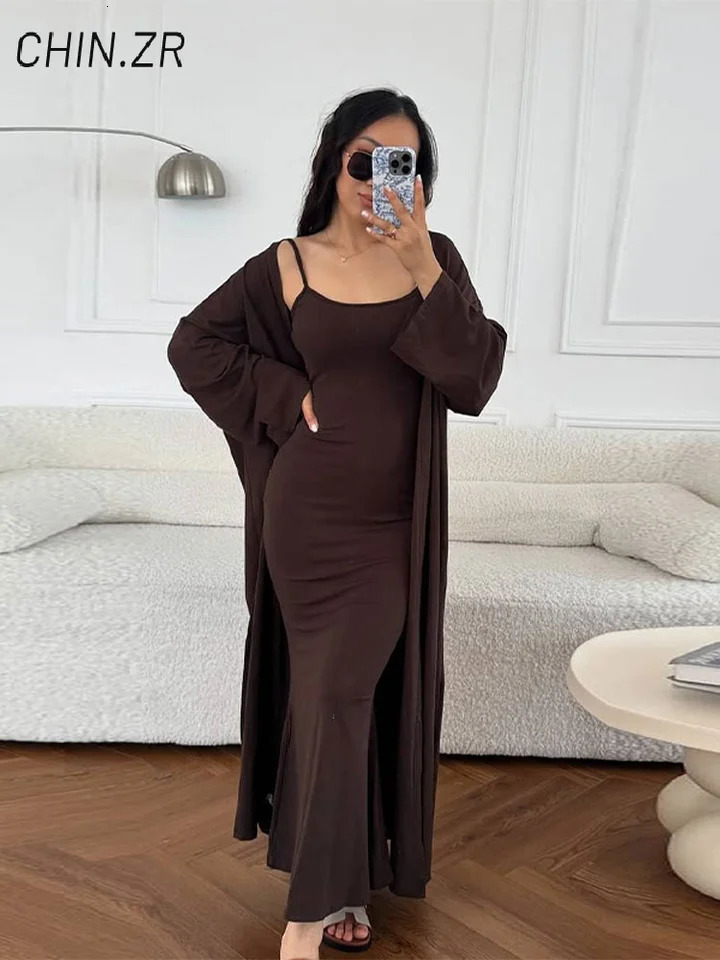 2 Piece Set Women Slim Sleeveless Dresses Casual Long Sling Dress Cardigan Solid Full Sleeve Cardigans Summer Lady Outfit 250709