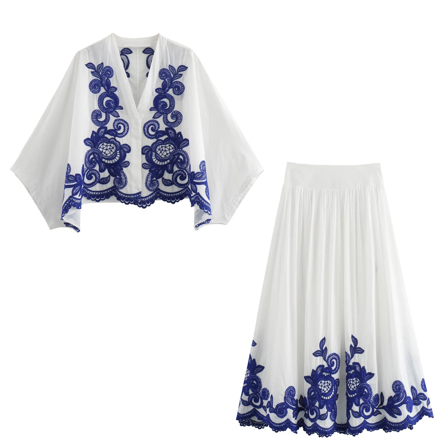 Autumn Womens Clothing European and American Style Casual Contrasting Embroidered Shirt Half Skirt Set 250709
