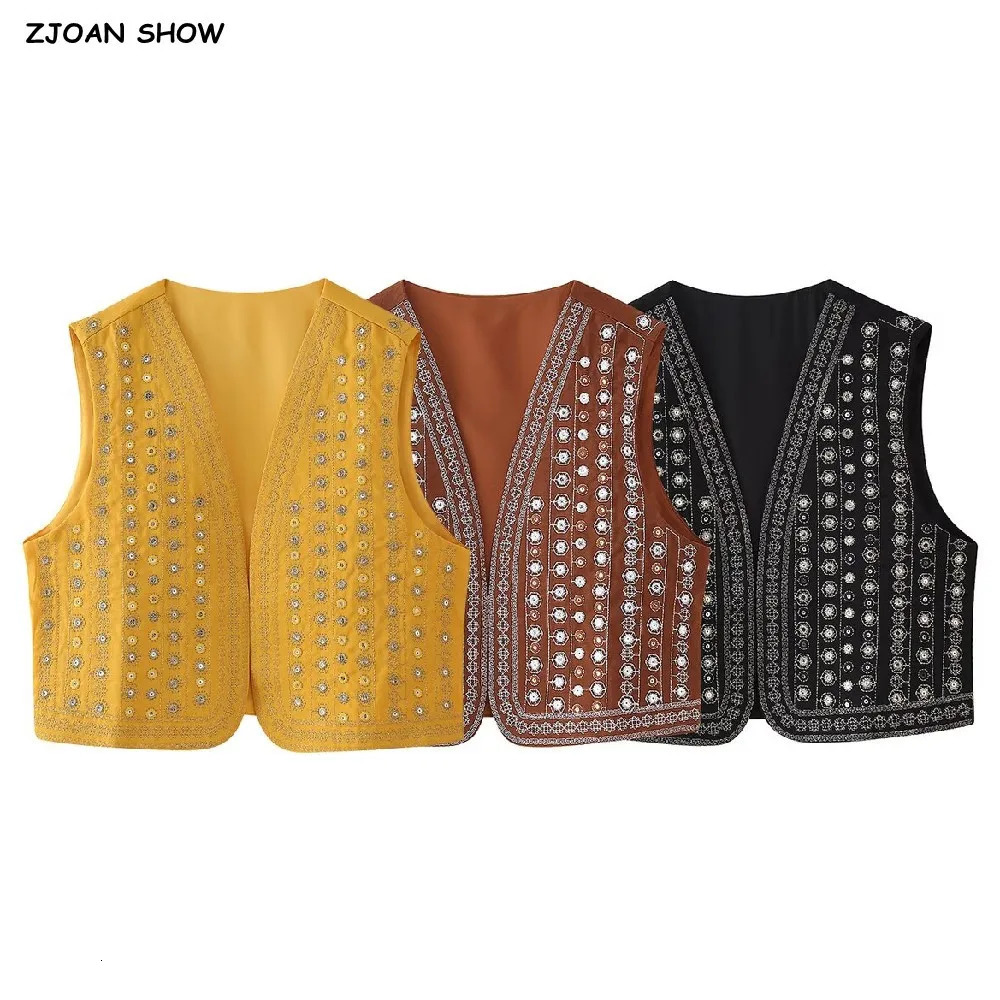 Ethnic Black Embroidery Bling Line Flower Waistcoat Women BOHO Open Sleeveless Vest Jacket Outfits Vacation Loose Tops 250709