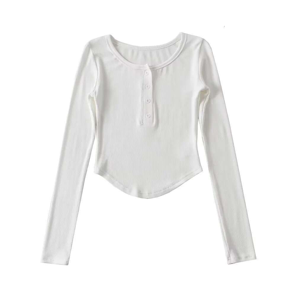 Spicy Girl Half-Button Round Neck Curved Edge Long Sleeve T-Shirt Base Shirt For Women Solid Color Stretch Slim Fit Inner Wear Top B5