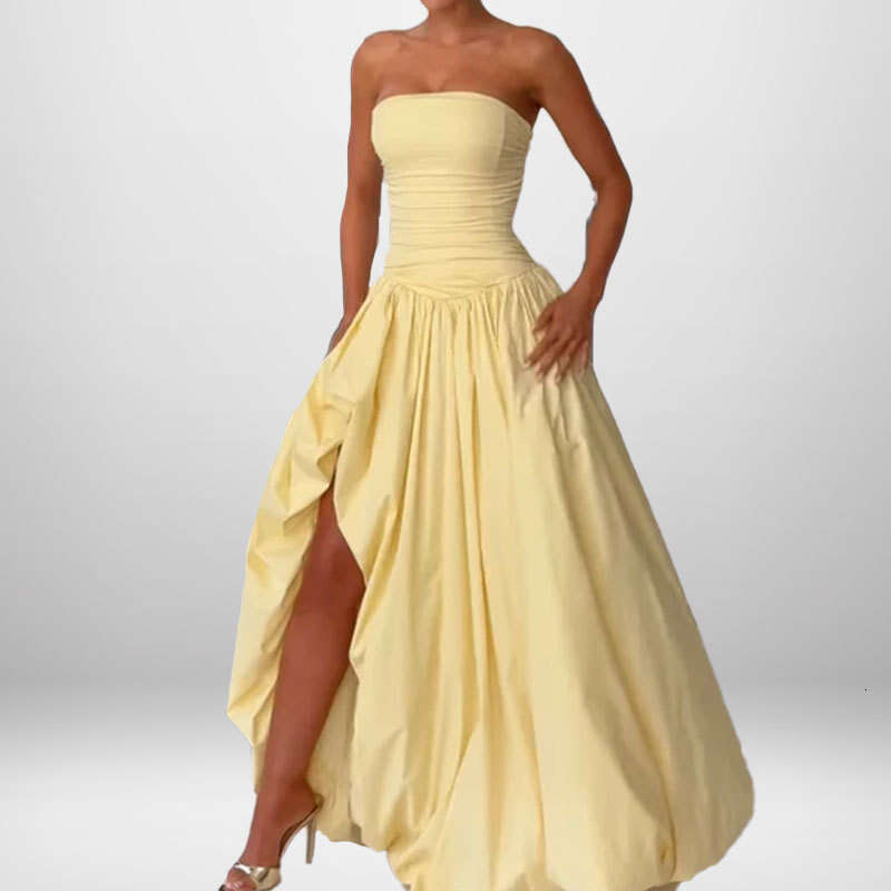 Summer New Women's Strapless Split Tie Solid Color Elegant Fashion Dress B5