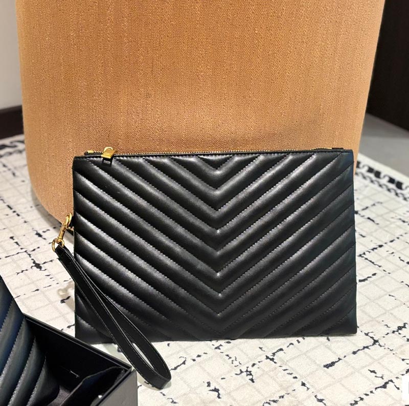 Women Designer clutch bags leather handbag ultra-thin fashion woman clutch zipper wallet Large capacity storage bag black gold hardware purses with wristband.