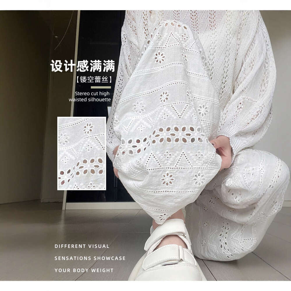 White Wide-Leg For Women Summer New Fashion Stylish Design Lace Hollow Casual Straight Pants Iins B5