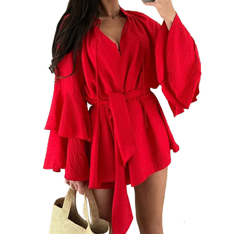 New Elegant V-Neck Flared Sleeve Dress B5