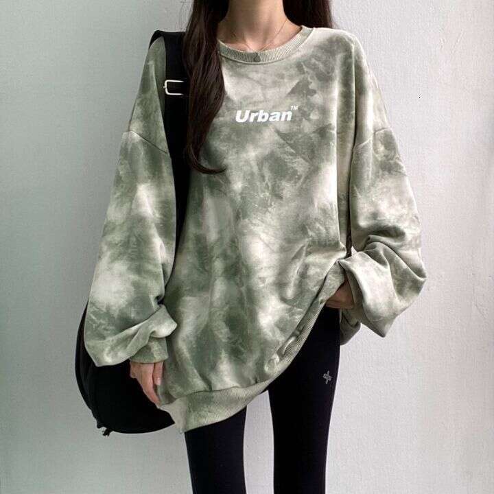 Cotton Tie-Dye Sweatshirt For Women, Loose Korean Style Top, Versatile Student Letter Print, Spring And Autumn Mid-Length Coat B5