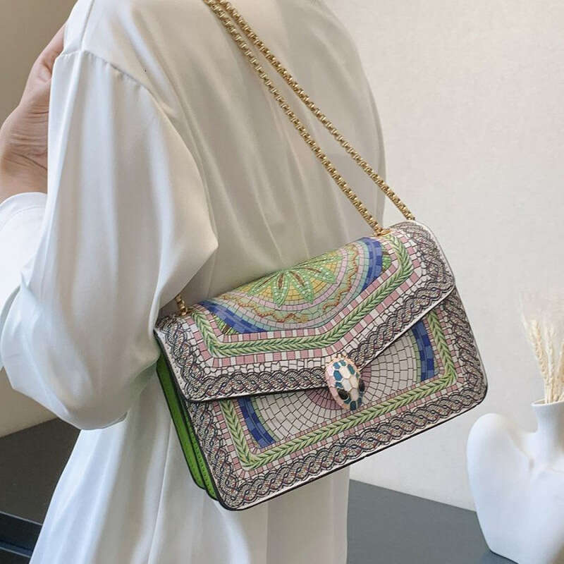 2025 New Color Block Print High-Quality Single Shoulder Korean Style Flap Trendy Chain Crossbody Bag Snake Head