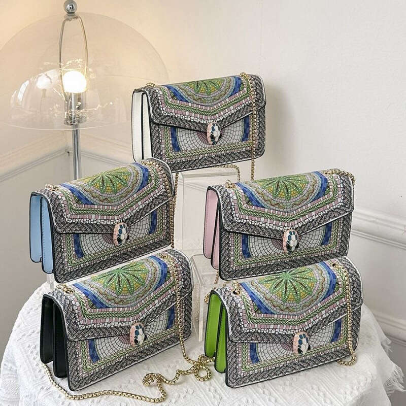 2025 New Color Block Print High-Quality Single Shoulder Korean Style Flap Trendy Chain Crossbody Bag Snake Head