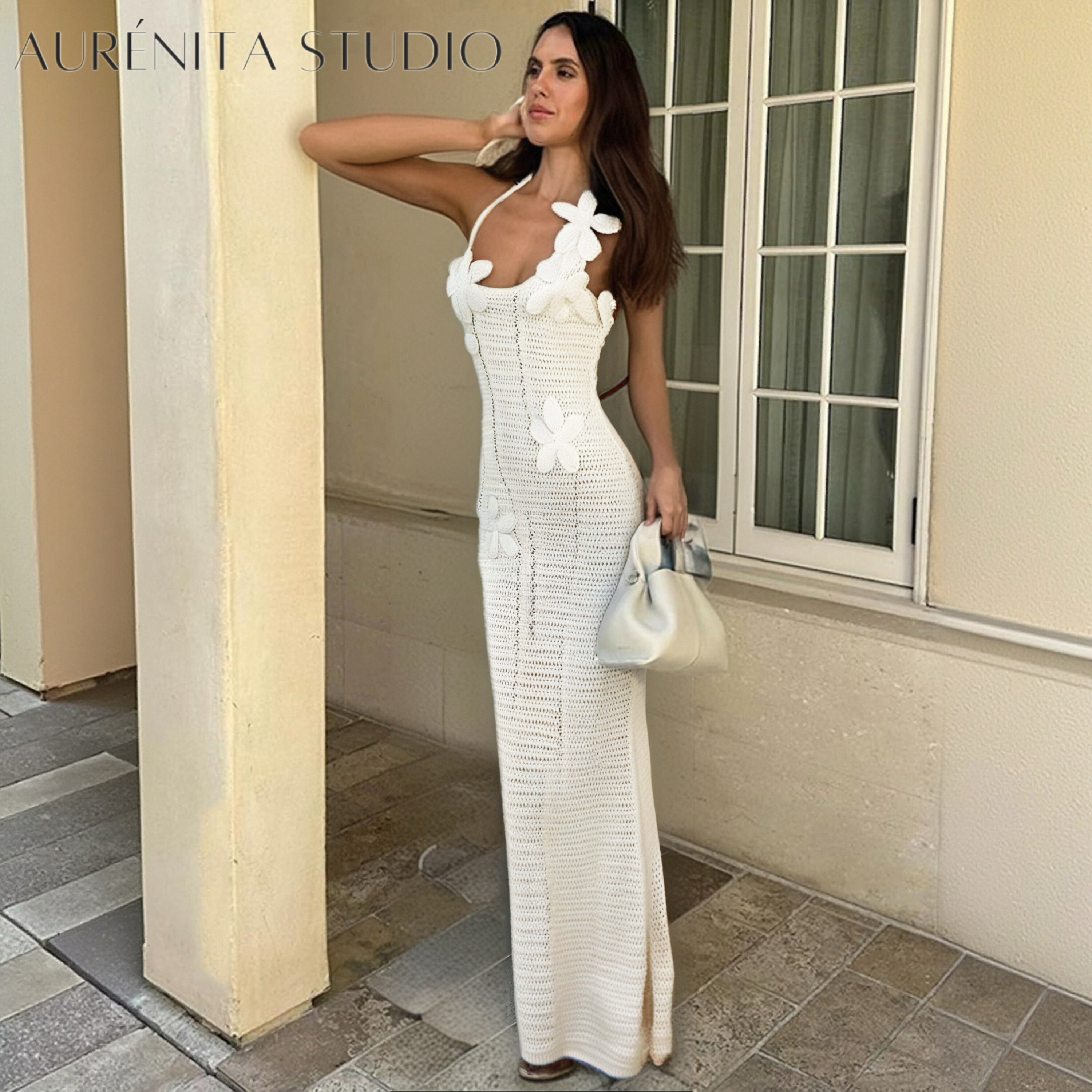 Kendall Kardashian Women White Dress Knitted Floral Crochet Midi Dress 2025s Sleeveless Slim Beach Vacation Fashion Hollow Out Outfits For Woman