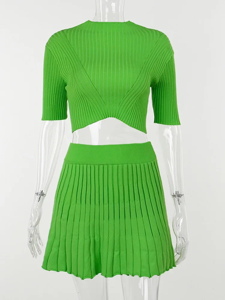 Knitted Skirt Two Piece Set Women Slim Short Sleeved Cropped Tops High Waist Sexy Mini Pleated Sets Fashion Elegant Party 250709
