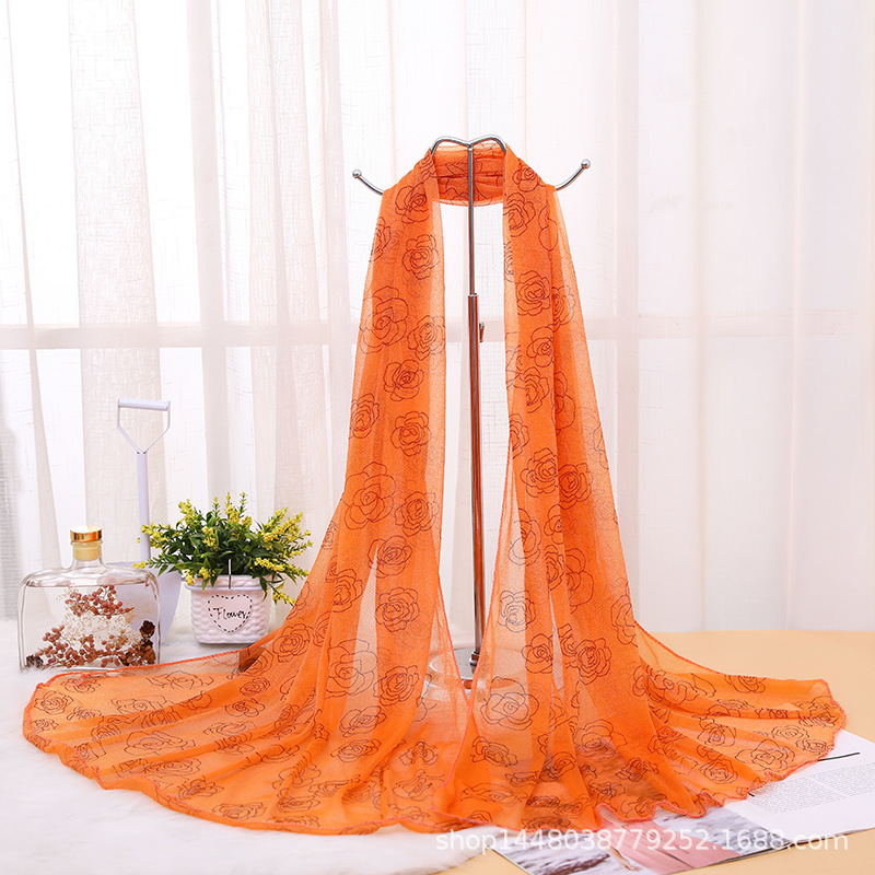 K1294 Factory price Korean style long rose print silk scarf chiffon beauty yarn scarf female yarn scarf
