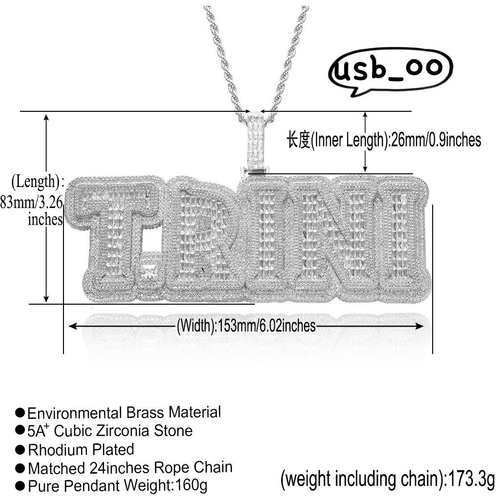 Size Custom Hiphop Pendant Big Square Moissanite Letter Pendant Necklace DIY Name Necklace Patchwork Combination Letter Pendants Couple