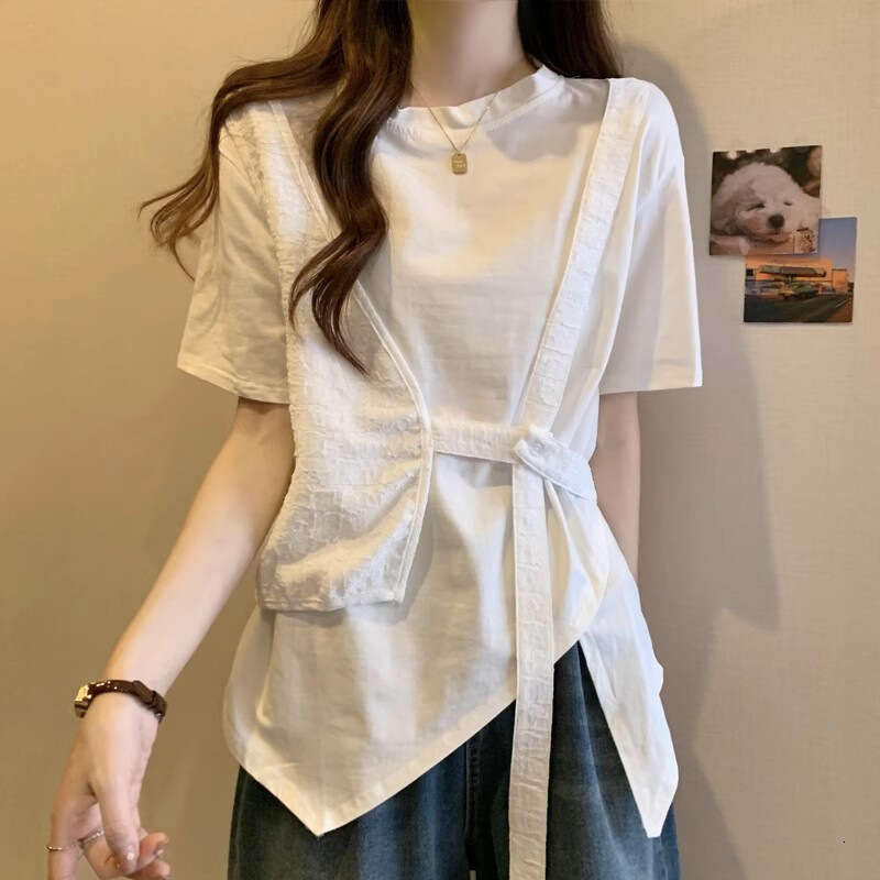 Summer New Women's Short Sleeve T-Shirt, Slimming Loose Fit, Irregular Fake Two-Piece Top For Plus Size Women B5