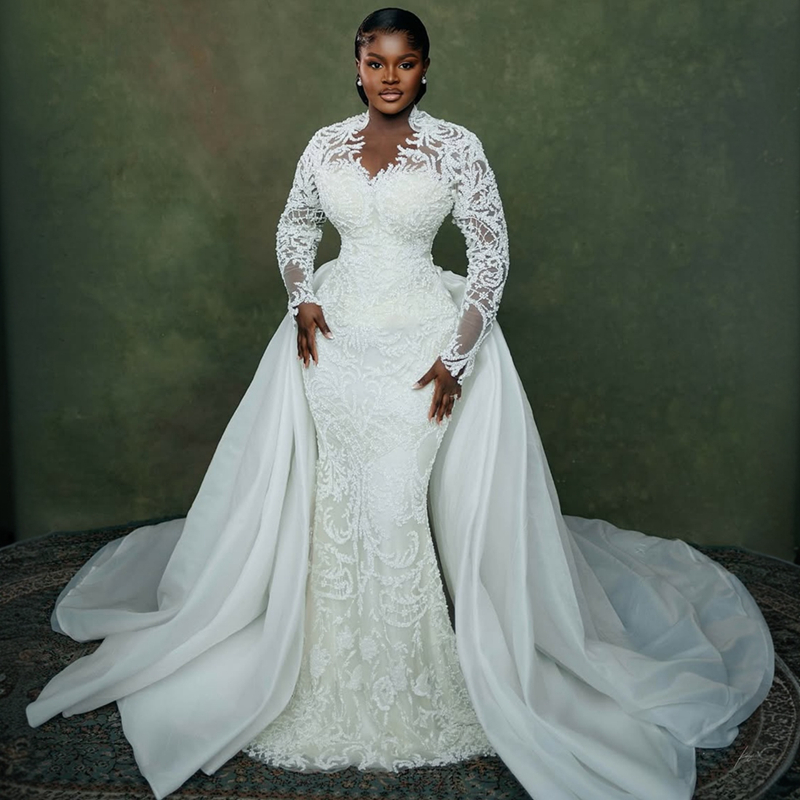 2025 Plus Size Mermaid Wedding Dress Bridal Gowns for Bride Illusion Detachable Train Long Sleeves Beaded Lace Crystals Ruffles Wedding Gowns for Marr