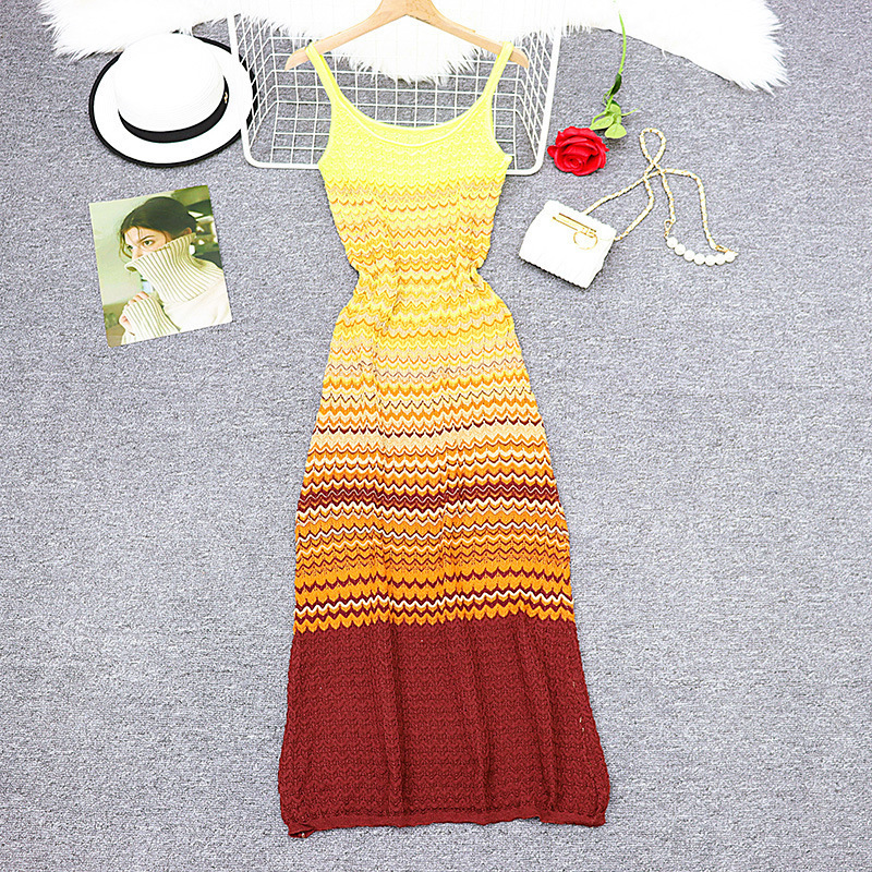 French gradient striped knitted dress sleeveless camisole skirt slim fit waist slimming fur dress 250327
