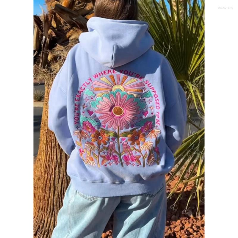 Women's Hoodies Combhasaki Women Floral Letter Hooded Pullover Cozy Stylish Long Sleeve Loose Sweatshirts With Kangaroo