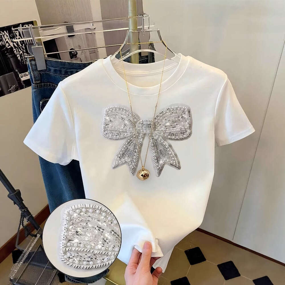Round Neck Short Sleeve Sequin Butterfly Embroidery Design Summer New T-Shirt For Women B5