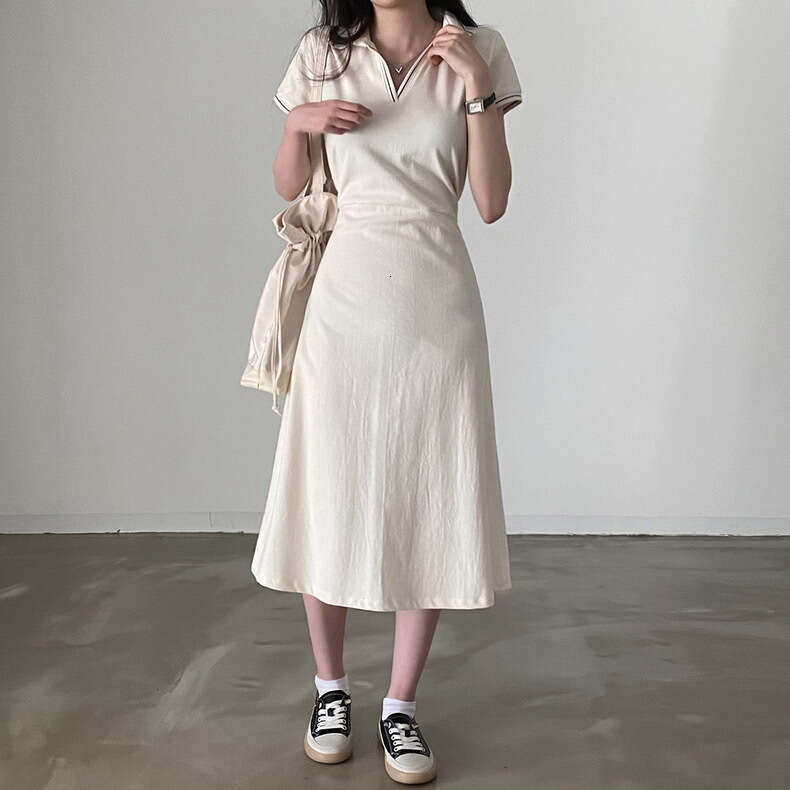 Women's Summer Dress French Style Korean Version Polo Collar Block Trim Waist Slimming Short Sleeve Cotton Solid Color B5