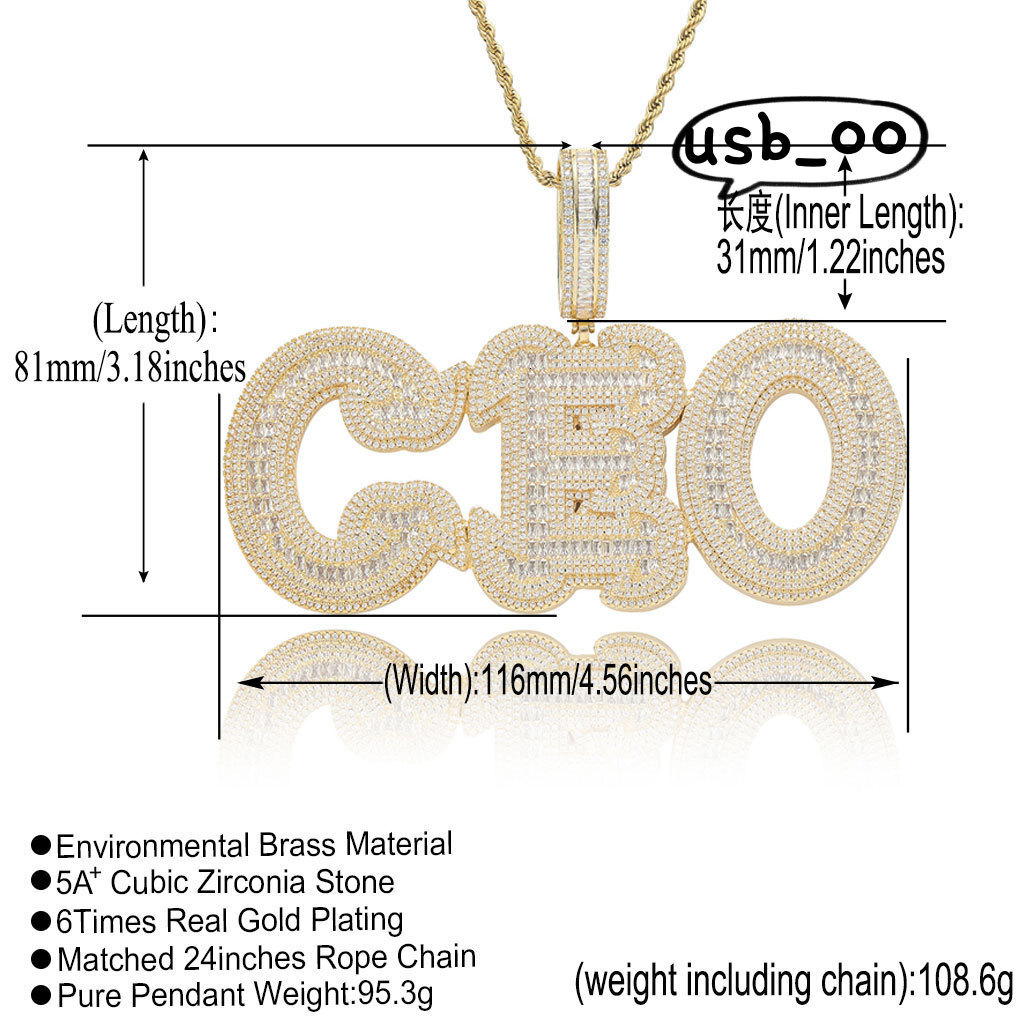 Cubic Iced VVS Out Bling Moissanite Full Paved Cz Capital Letter CEO Pendant Necklace Hip Hop Chain for Boy Men Hip Hop Jewelry