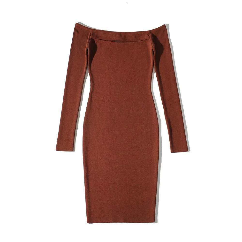 Ins Sexy Off-Shoulder One-Shoulder Hollow-Out Knitted For Women Autumn Tight-Fitting Bodycon Short Dress B5