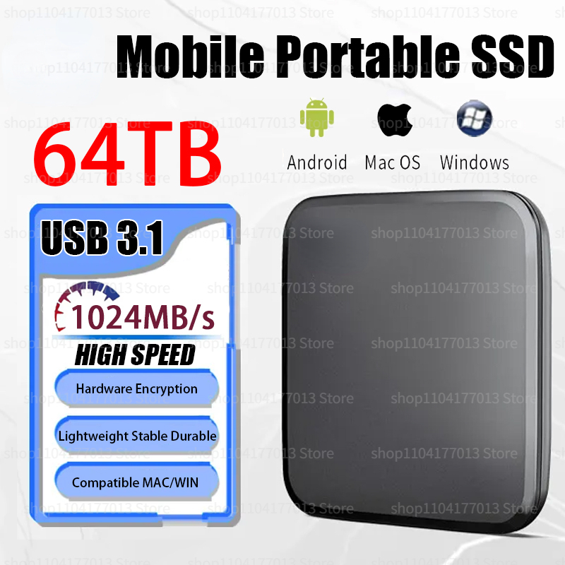 Portable SSD 1TB High-speed Mobile Solid State Drive 64TB External Storage Decives Type-C USB 3.1 Hard Disks for Laptops