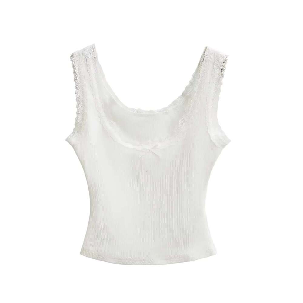 Summer Hot Girl Low Round Neck Lace Trim Bowknot Tank Top Women Short Elastic Slim Fit Sleeveless Camisole B5