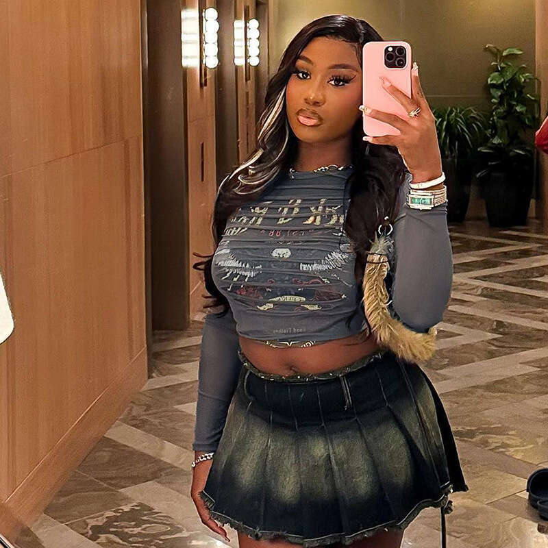 Wind Summer Style Printed Long Sleeve Sexy See-Through Cropped Slim Top B5