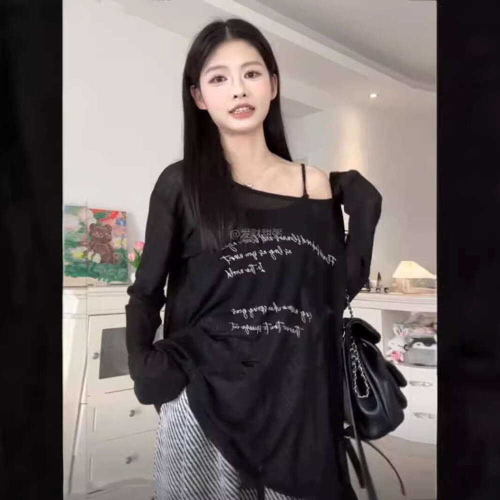 Women's Summer Letter Print Loose Semi-Sheer Top Large Neck Sun Protection Air Conditioning Cover-Up Long Sleeve Cool T-Shirt B5