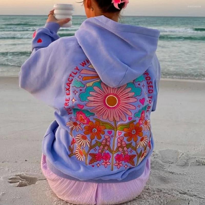Women's Hoodies Combhasaki Women Floral Letter Hooded Pullover Cozy Stylish Long Sleeve Loose Sweatshirts With Kangaroo