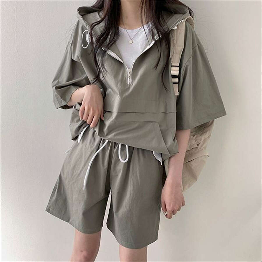 5 Colors Korean Style Solid Color Casual Short Sleeve Shorts Hoodie Set For Women Summer New Fashion Sportswear B5