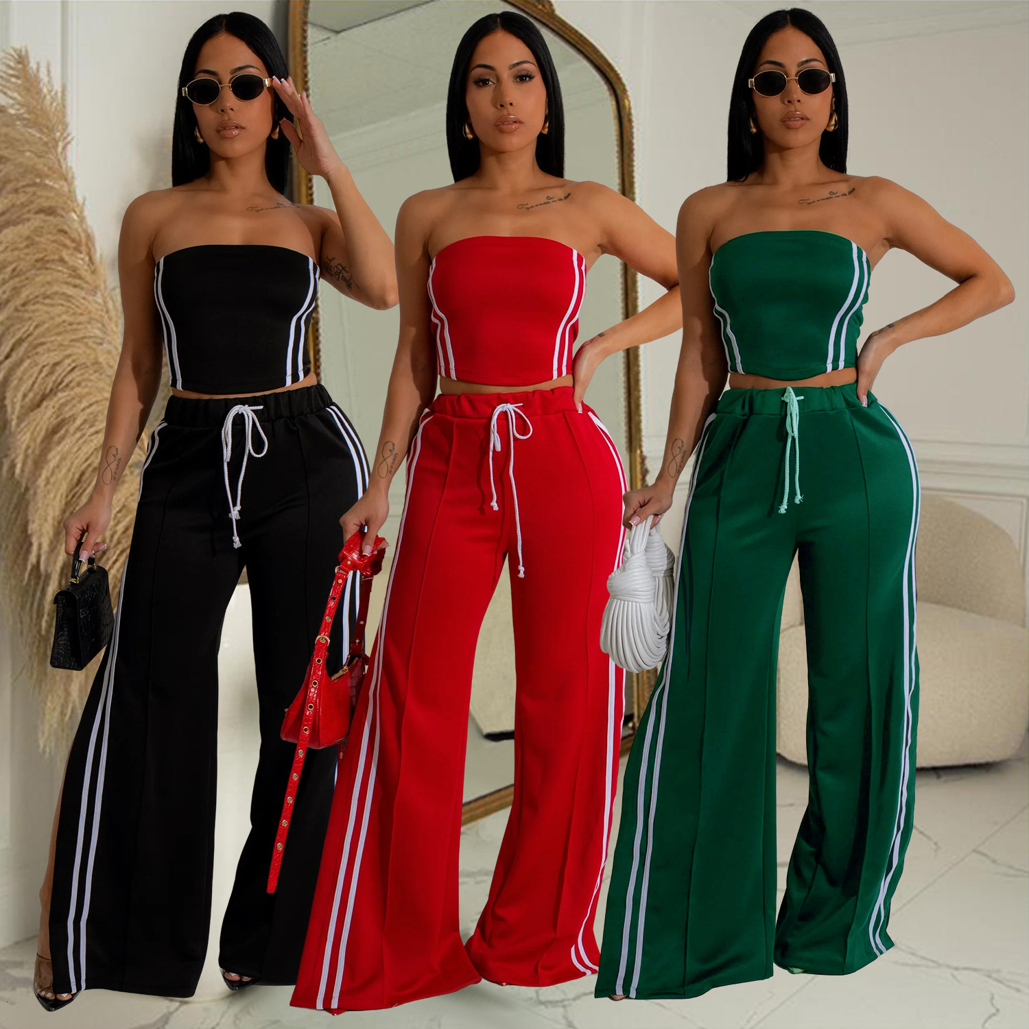 C7056 Summer Womens Outfit Sexy Strapless Top with Draped Straight-Leg Pants Fashion Set