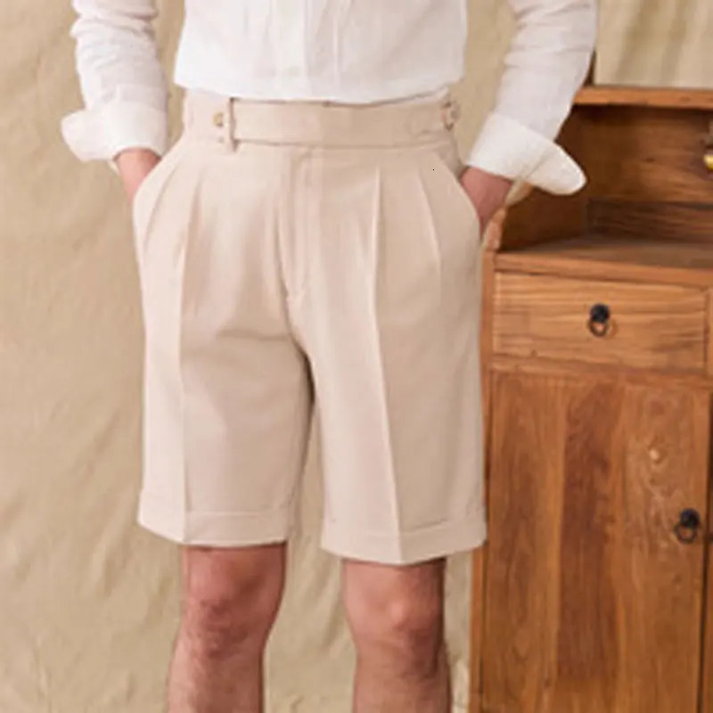 Italian Style Naples Shorts Men Summer Seersucker High Waisted Paris Buckle Suit Middle Pants England Business Casual Shorts 250707