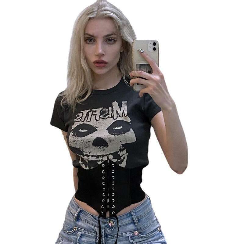 Summer New Slim Fit Printed Letter Hot Girl Ins Style Gothic Round Neck Short Sleeve T-Shirt Top B5