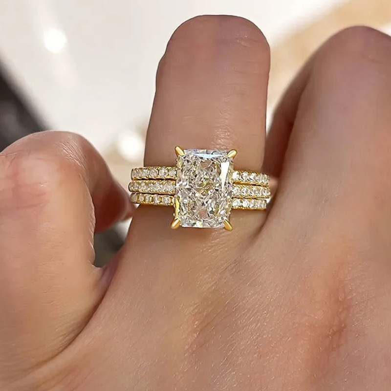 3PCS Rulalei Sparkling Luxury Jewelry 925 Sterling Silver 18K Gold Fill Radiant Cut White 5A Zircon CZ Diamond Gemstones Eternity Women Wedding Bridal