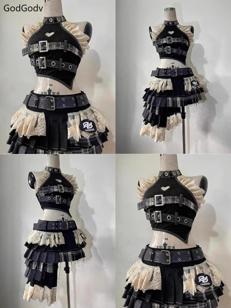 Summer Vintage Elegant Y2K Woman 2 Piece Sets Punk Gothic Strapless Crop Tops High Waist Ruffle Skirt Female Party Outfits 250709