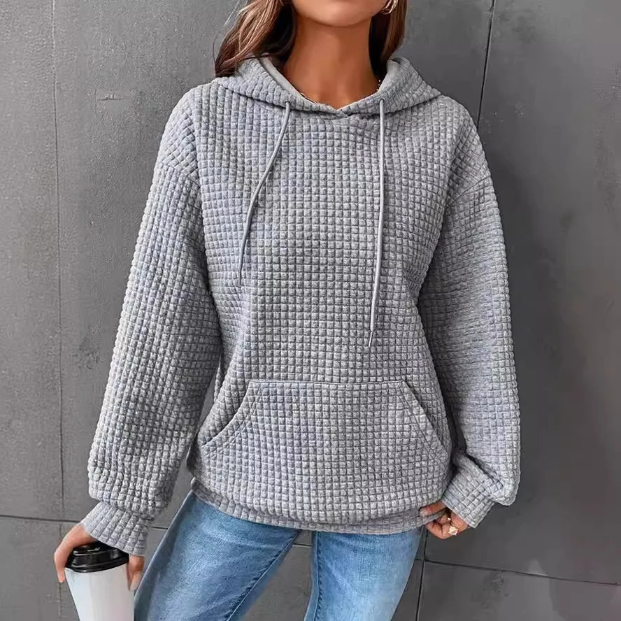 Women Oversized Waffle Sweatshirts Autumn Winter Female Tie Collar Hoodie Pullover Pocket Hooded Coats LRFZ6633 250709