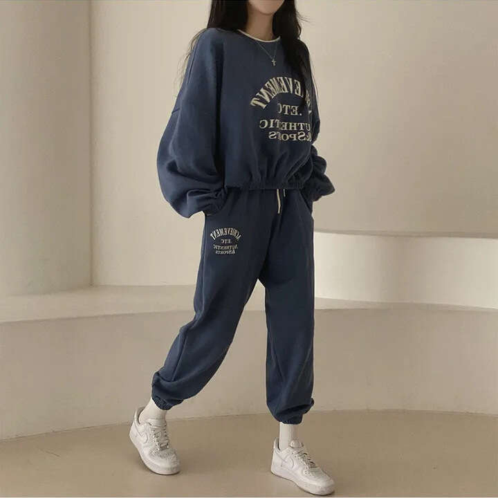 Women's Cotton Sleeve Long Pants Sweet Two-Piece Set New Spring Autumn Winter Fleece Korean Style Casual Sports B5