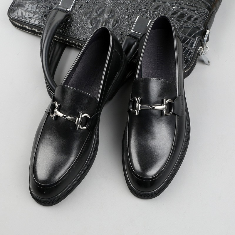 Loafers men's height-enhancing thick sole, leather buckle men's shoes round toe genuine leather soft sole, European style