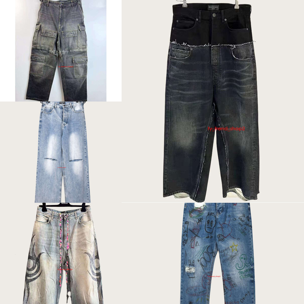 New Men's pur Jeans ple jeans our legacy Blue Digital Printed Jeans Washed and Worn Out Loose Straight Leg Casual Pants Unisex French brands BB Ksubis jeans 92 0e d5 f4