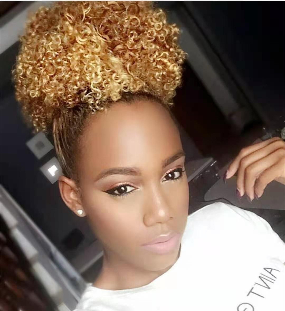 Chic Short high ponytail yellow blonde kinky curly puff bun extension hairpiece with drawstirng clip ins 100%human hair pony tail hair piece 100g 120g