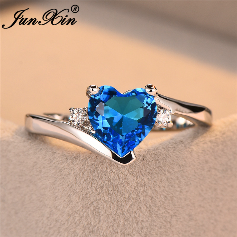 Junxin Blue Birthstone Heart Rings For Women White Oro Pieno Posa Posa Posa Zir…