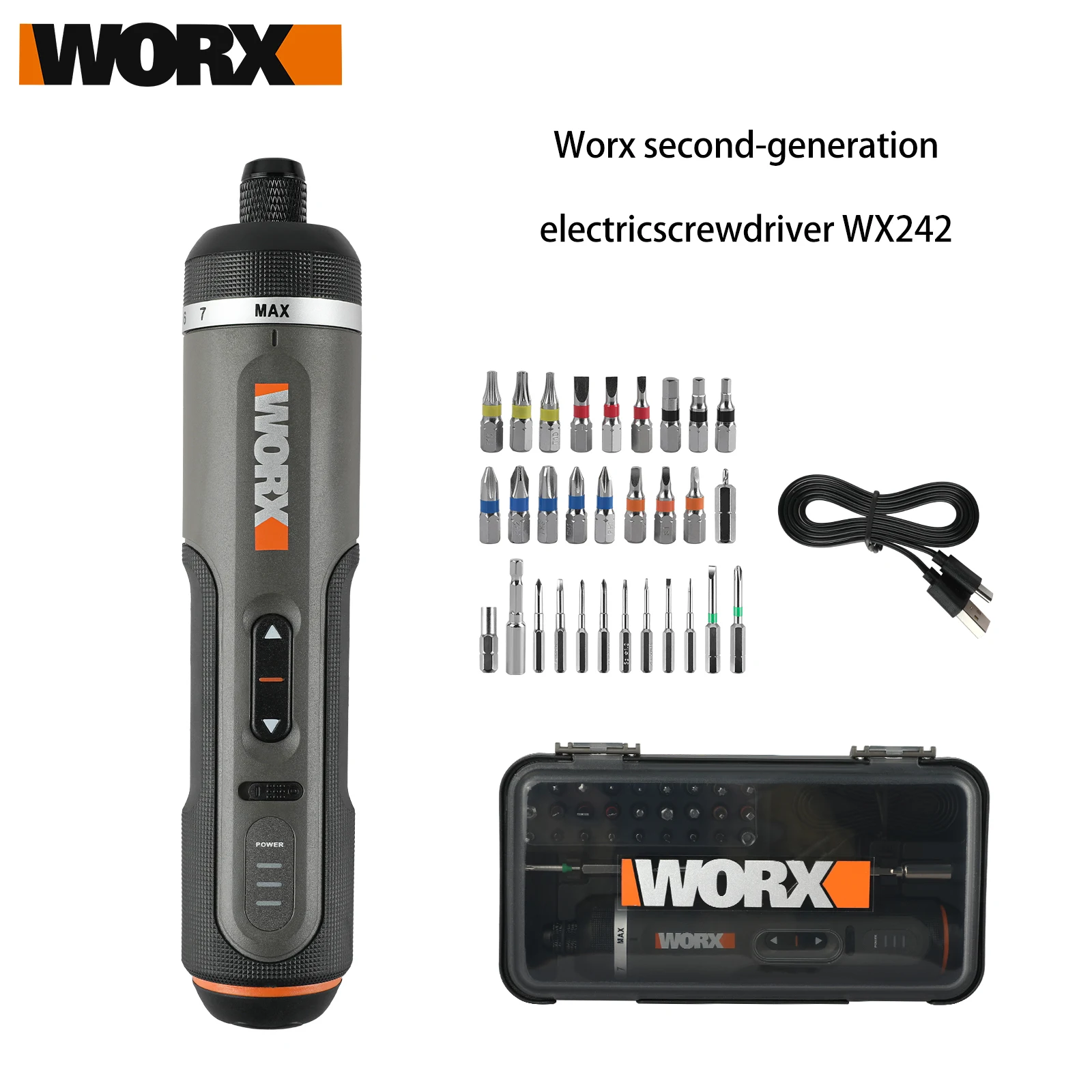 WORX WX242 4V Cordless Electric Screwdriver Kit - Compact Smart Power Tool with Lithium-Ion Battery, USB Rechargeable, 30-Piece Bit Set & Full Drill/D