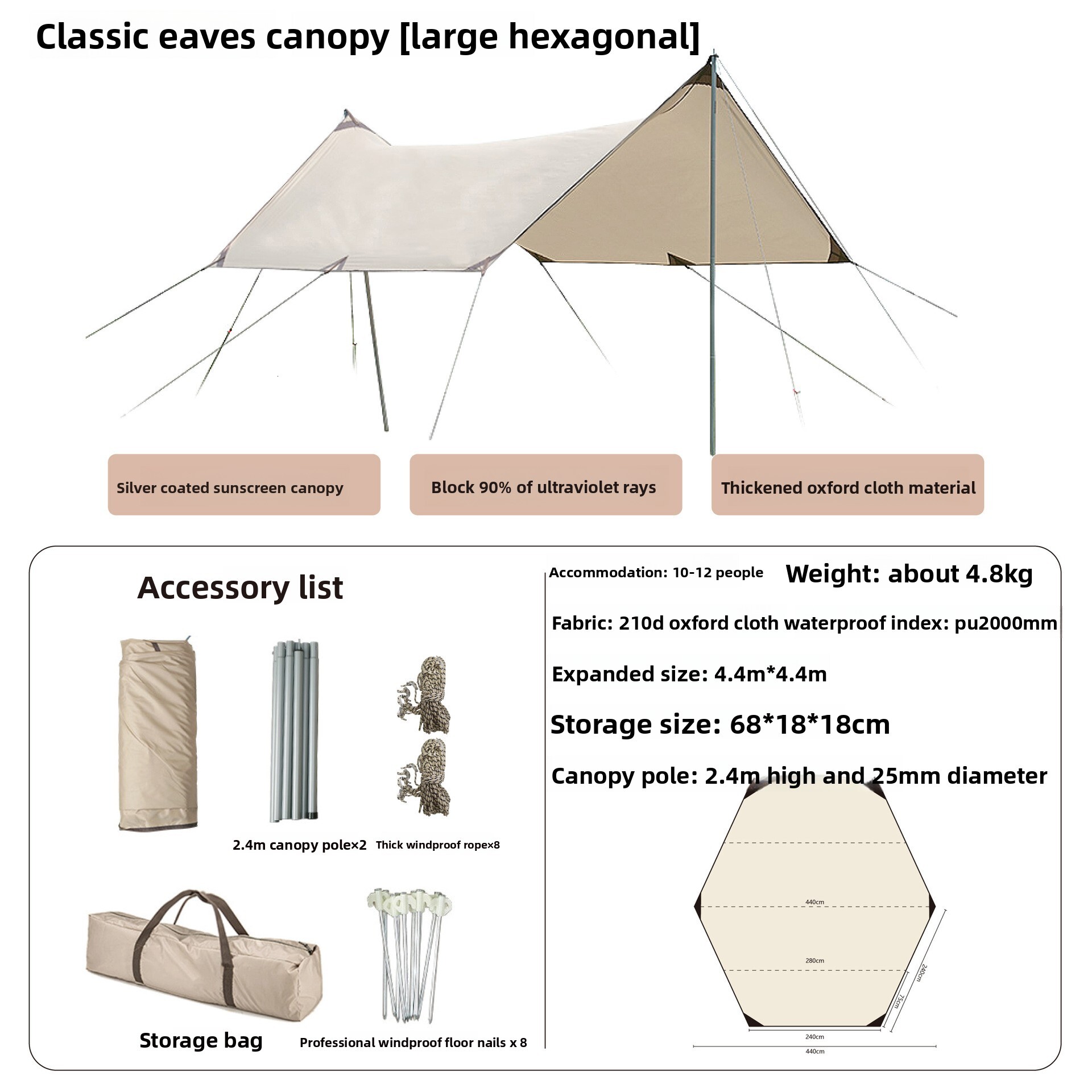 Extra Large Outdoor Canopy Tent Sunshade Camping Picnic Black Coating Windproof Ultra-light Portable Gear Equipment