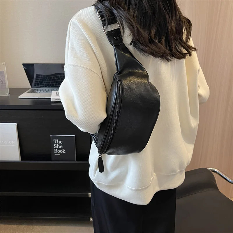 Women Chest Bag Black Leather Shoulder Crossbody Bags For Ladies Belt Bag Female Waist Pack Fanny Packs Phone Walle 250630