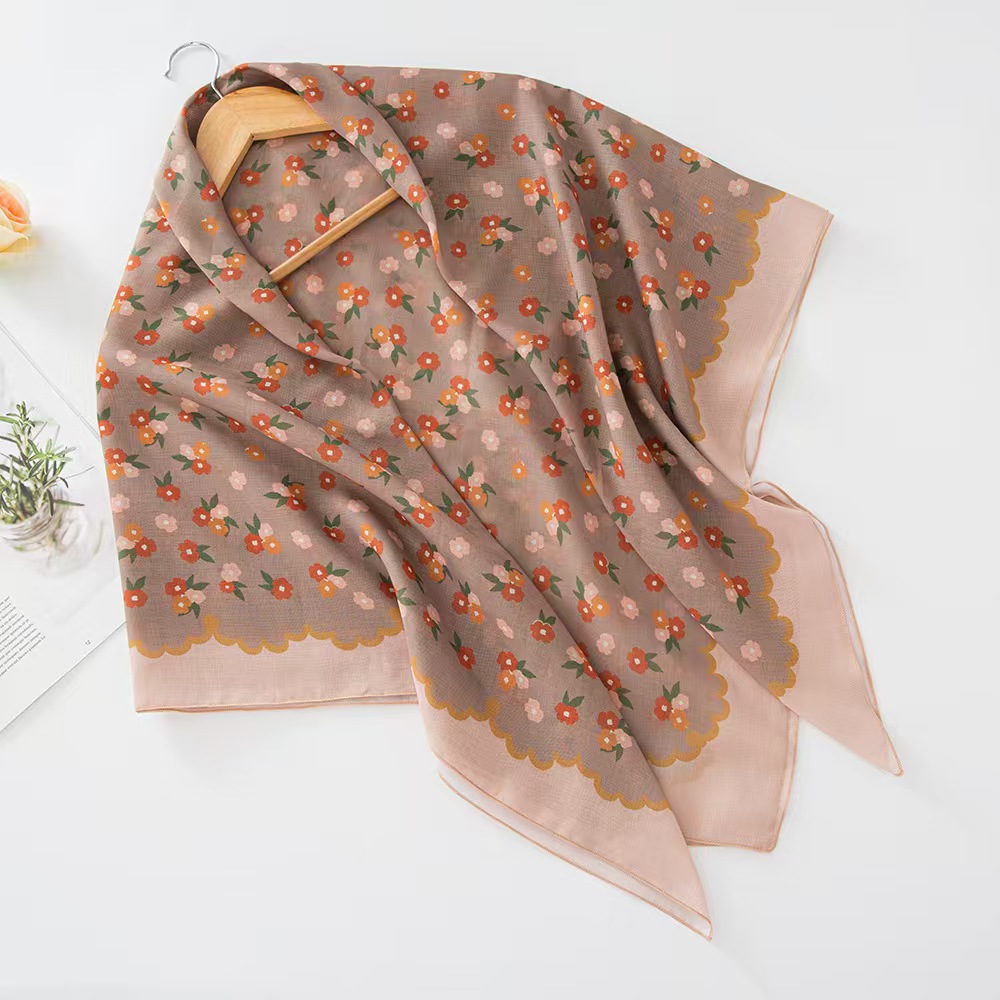 T1168 New Square Scarf Pastoral Flowers Small Fresh Print Right Angle Curled Bali Square Scarf