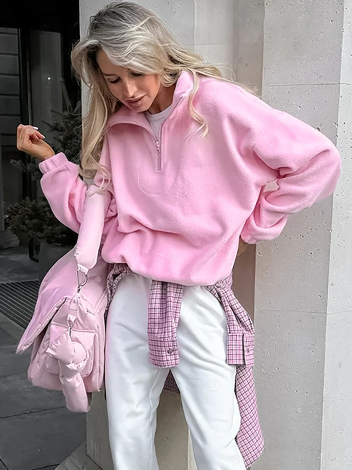 Zipped Pink Sweatshirt Woman Fashion Pullover Oversized Hoodie Y2K Street Style Women Fleece Winter Coats Jackets 250709