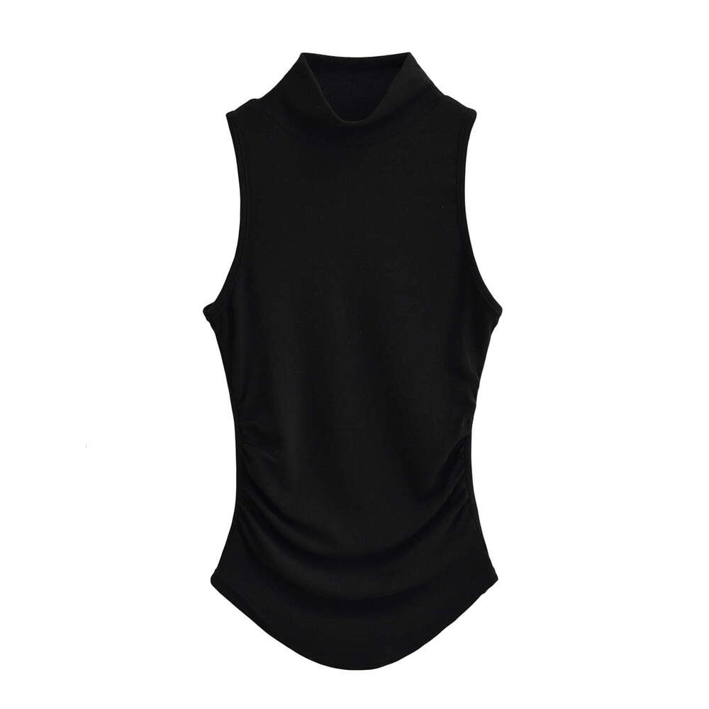 Hot Girl Half High Collar Curved Hem Tank Women Summer Inner Wear Ruched Tight Sleeveless Base Shirt Top B5