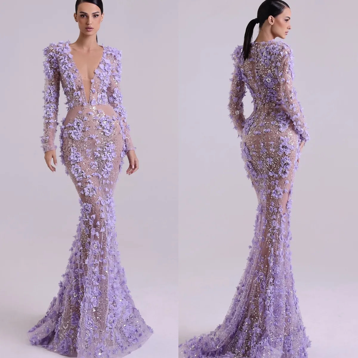 Elegant 3D Floral Appliques Prom Dresses Elegant Deep V Neck Beaded Evening Dress See Through Long Sleeve Party Gown Customized