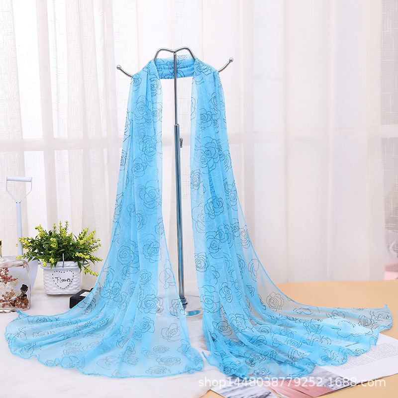K1298 Korean style long trade fair candy color rose print silk scarf chiffon beauty yarn scarf for women